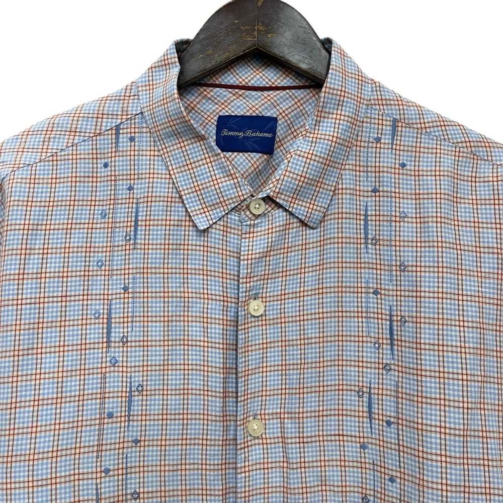 Tommy Bahama Men's Size XL Blue/Orange Plaid Linen/Silk Hawaiian Camp S/S Shirt